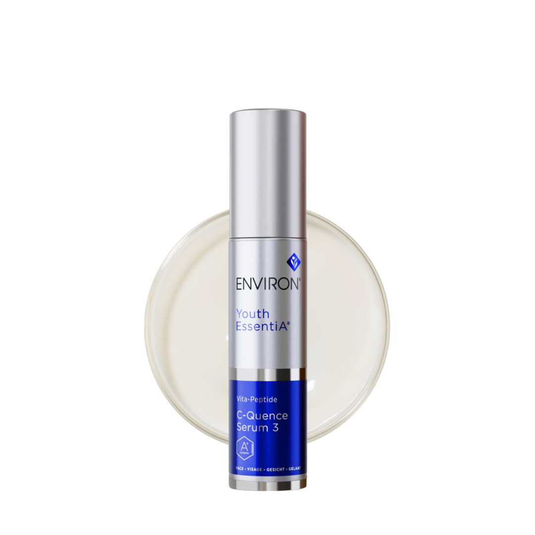 Environ Youth EssentiA C-Quence Serum 3 in a sleek blue and white 35ml bottle. The packaging prominently displays the Environ logo and product name. This potent serum contains high levels of vitamins A, C, and E, along with antioxidants and peptides, to combat visible signs of ageing, improve skin tone, and enhance firmness. Ideal for mature, photo-damaged skin, it supports collagen production and reduces wrinkles. The bottle includes a convenient pump dispenser for precise application.