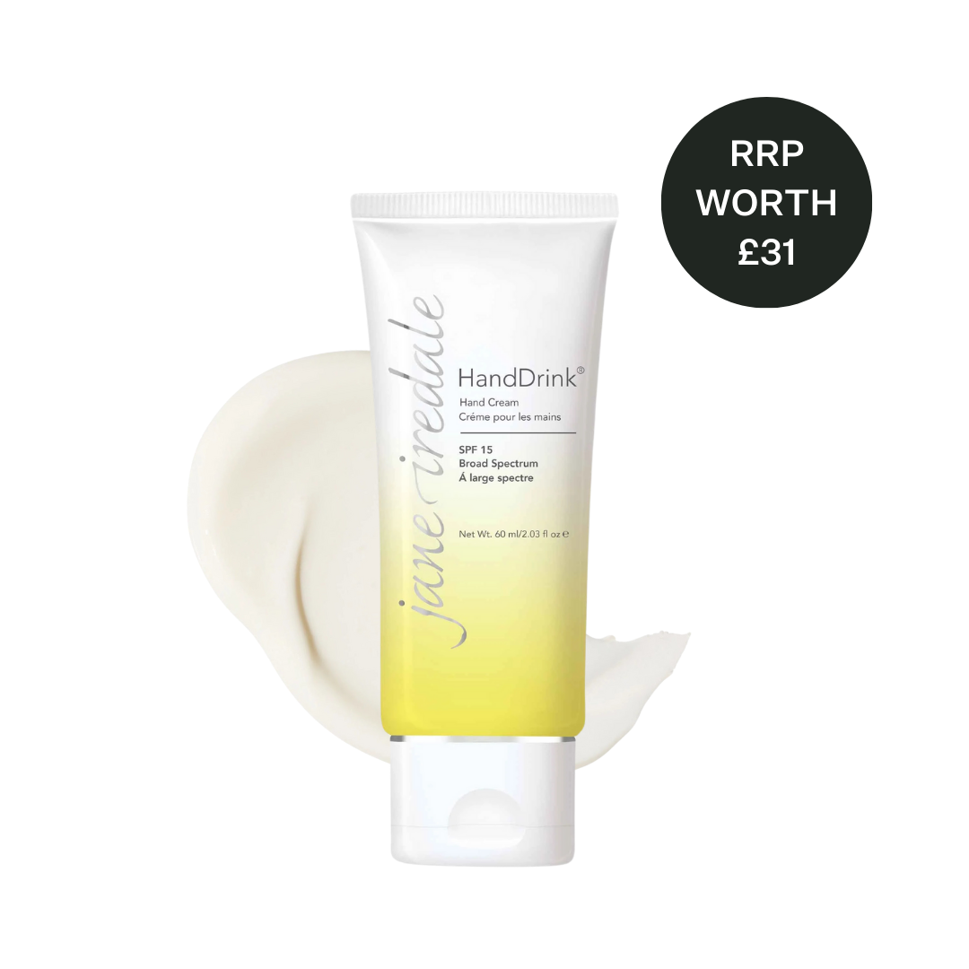 A tube of Jane Iredale HandDrink Hand Cream SPF 15 with a visible smear of cream in front of it. The background is white with a price tag indicating 'RRP WORTH £31'.