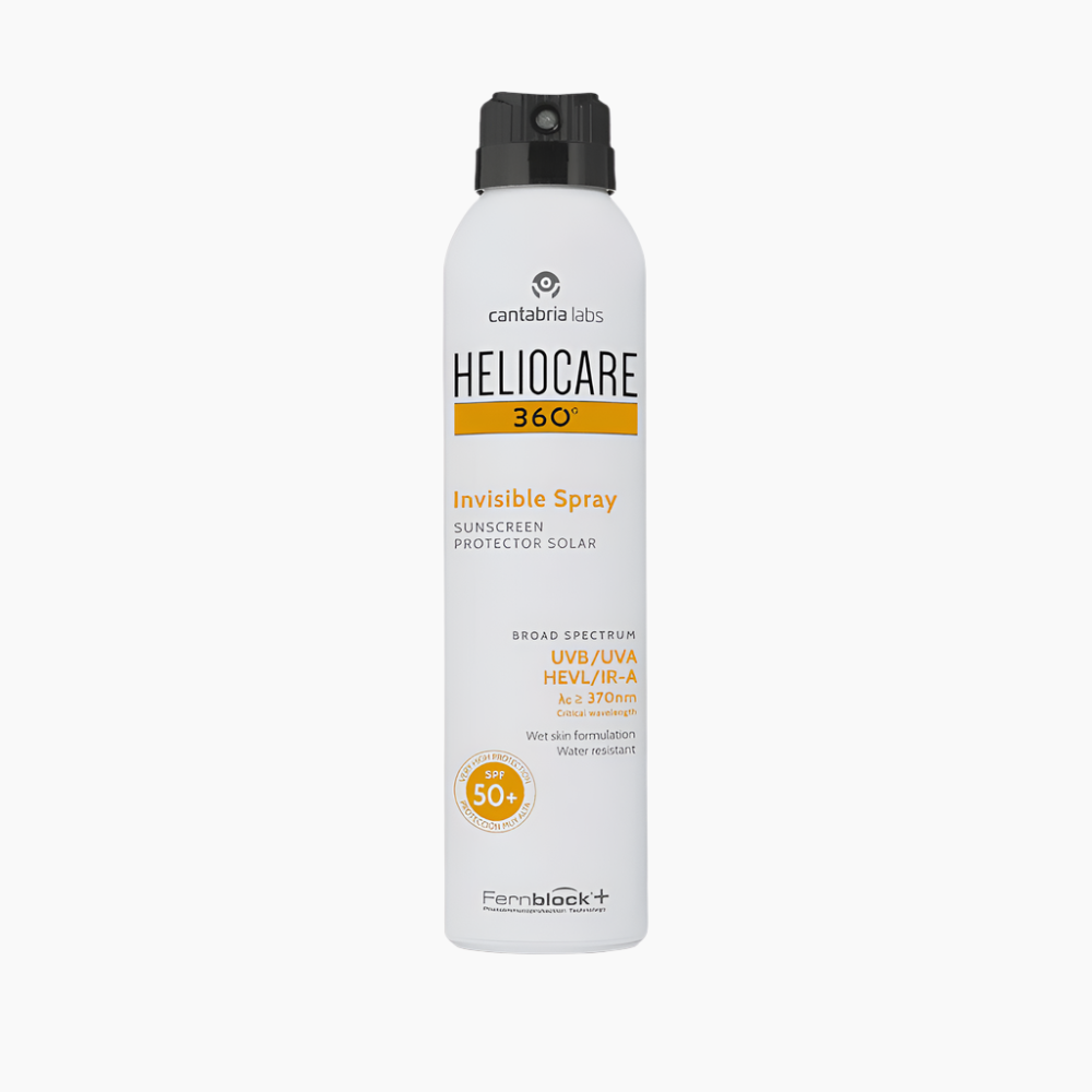 A bottle of Heliocare 360° Invisible Spray with SPF50+ indicated for broad-spectrum UV protection.