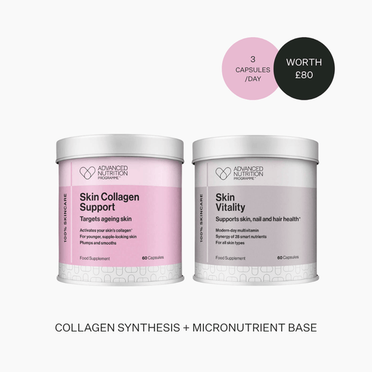 Two Advanced Nutrition Protein supplement tubs on a light gray background, labeled Skin Collagen Support and Skin Vitality, with pink and gray labels and a pink and black circle graphic above showing capsules and price.