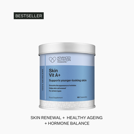 Container of Skin Vit A+ supplement with branding and product details on a white background