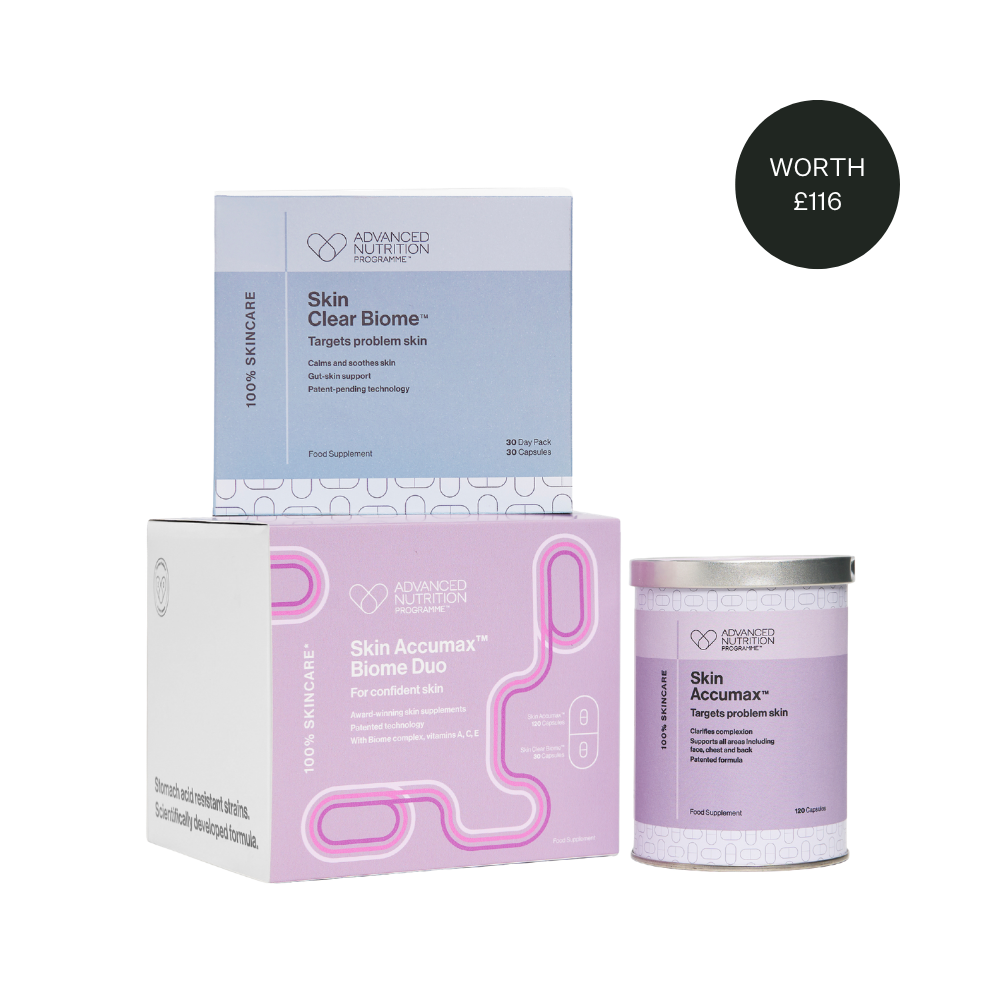 A skincare bundle from Skincare Doctor featuring a Skin Clear Biome+ box, a Skin Accumax+ Biome Duo box, and a Skin Accumax+ jar, alongside a black circular price sticker showing 'WORTH £116' on a white background.