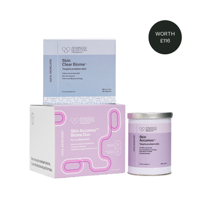 A skincare bundle from Skincare Doctor featuring a Skin Clear Biome+ box, a Skin Accumax+ Biome Duo box, and a Skin Accumax+ jar, alongside a black circular price sticker showing 'WORTH £116' on a white background.