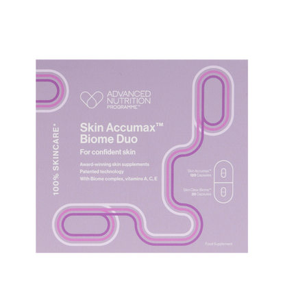 A square product box for Advanced Nutrition Programme Skin Accumax Biome Duo, featuring a lavender purple background with white and pink graphic elements and text.