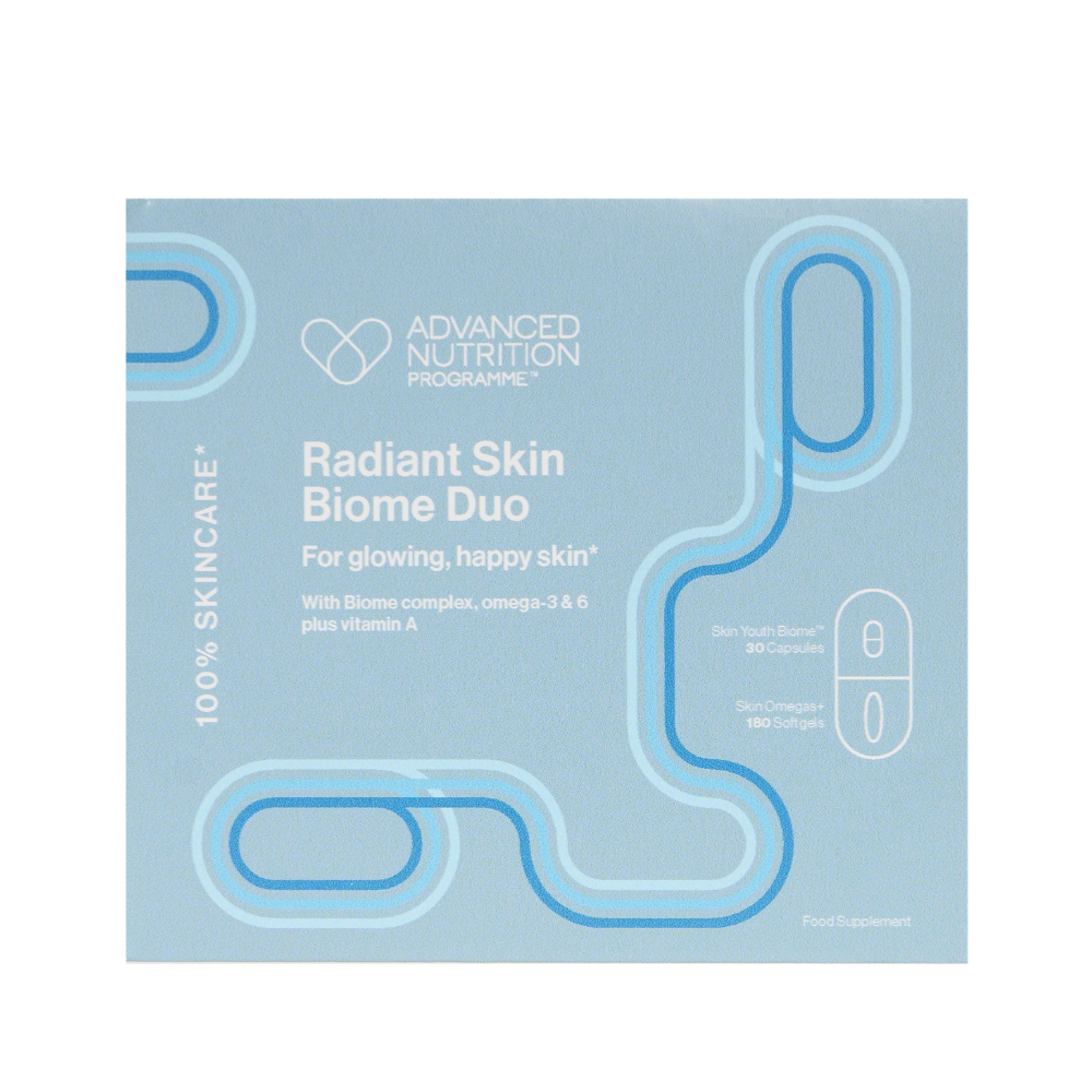 A light blue box of Advanced Nutrition Programme Radiant Skin Biome Duo, featuring white and blue text and minimalist capsule graphics.