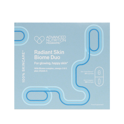 A light blue box of Advanced Nutrition Programme Radiant Skin Biome Duo, featuring white and blue text and minimalist capsule graphics.
