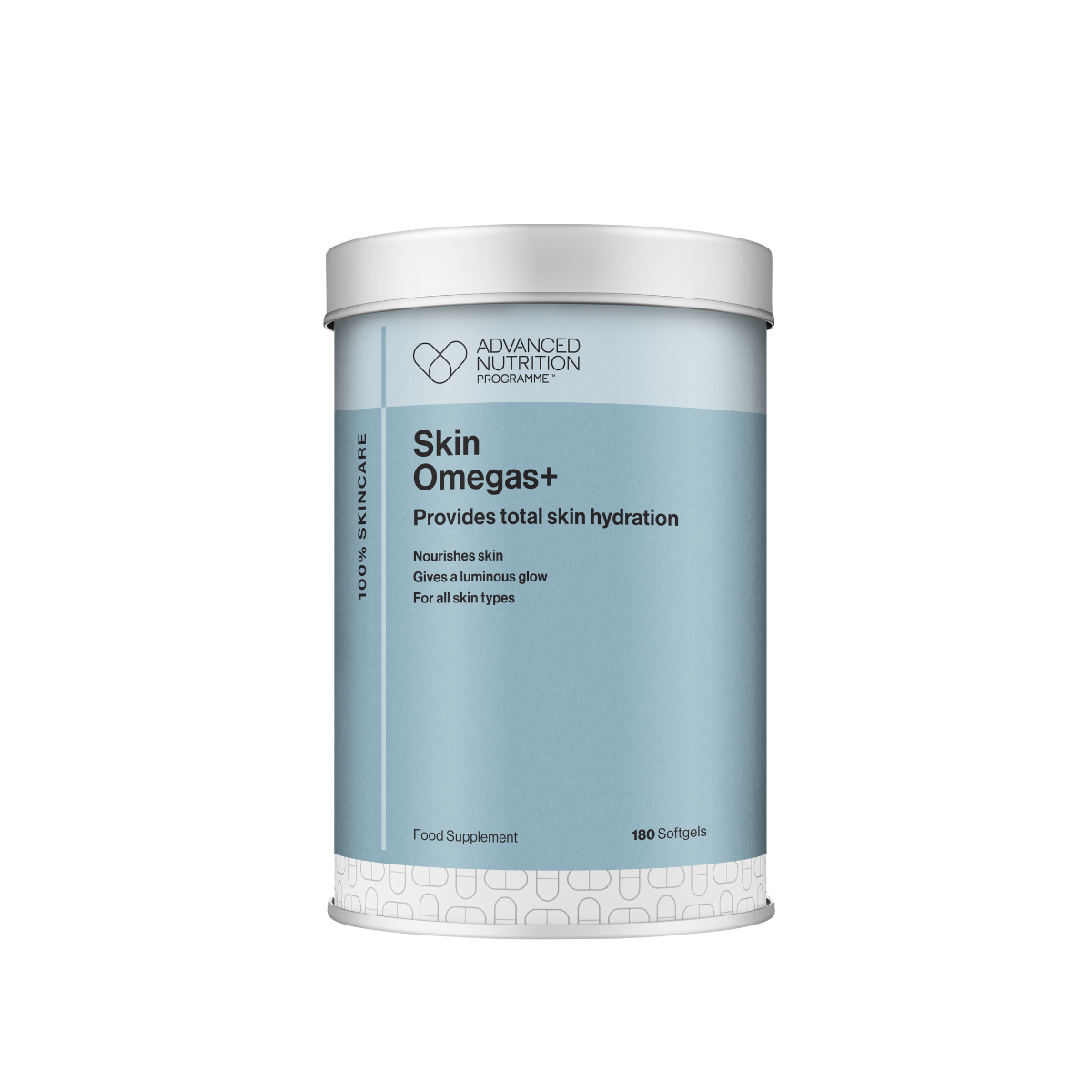 A container of Advanced Nutrition Programme Skin Omegas+ 180 Capsules, with blue and white color scheme and label detailing the product as a skin health supplement.