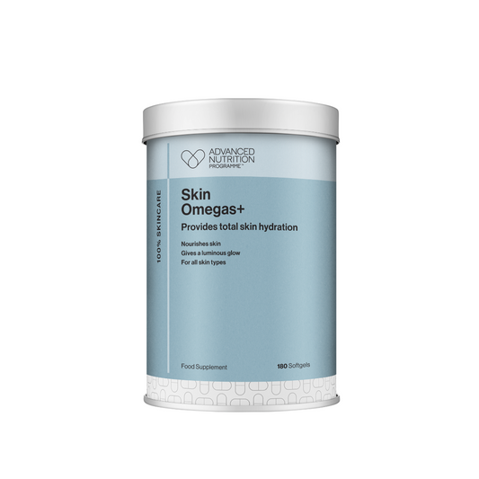 A container of Advanced Nutrition Programme Skin Omegas+ 180 Capsules, with blue and white color scheme and label detailing the product as a skin health supplement.