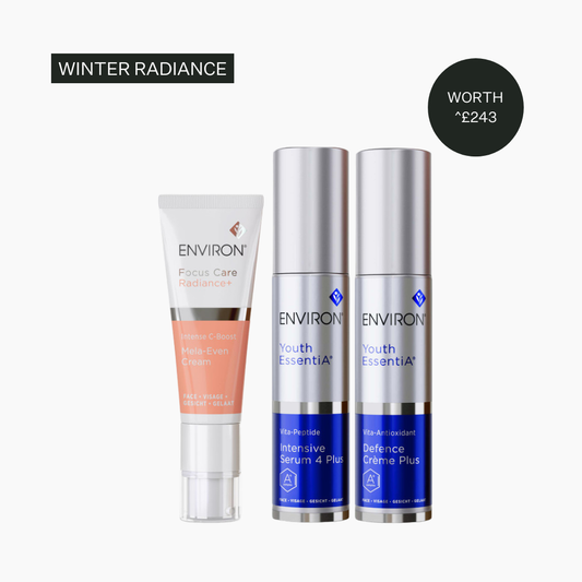 Three skincare products from Environ on a white background with 'Winter Radiance' text.