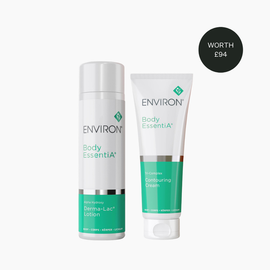 ENVIRON Body EssentiA derma-lac lotion bottle and body essentiA contouring cream tube side by side on a light gray background, with a black circular badge in the top right reading 'WORTH £94'.