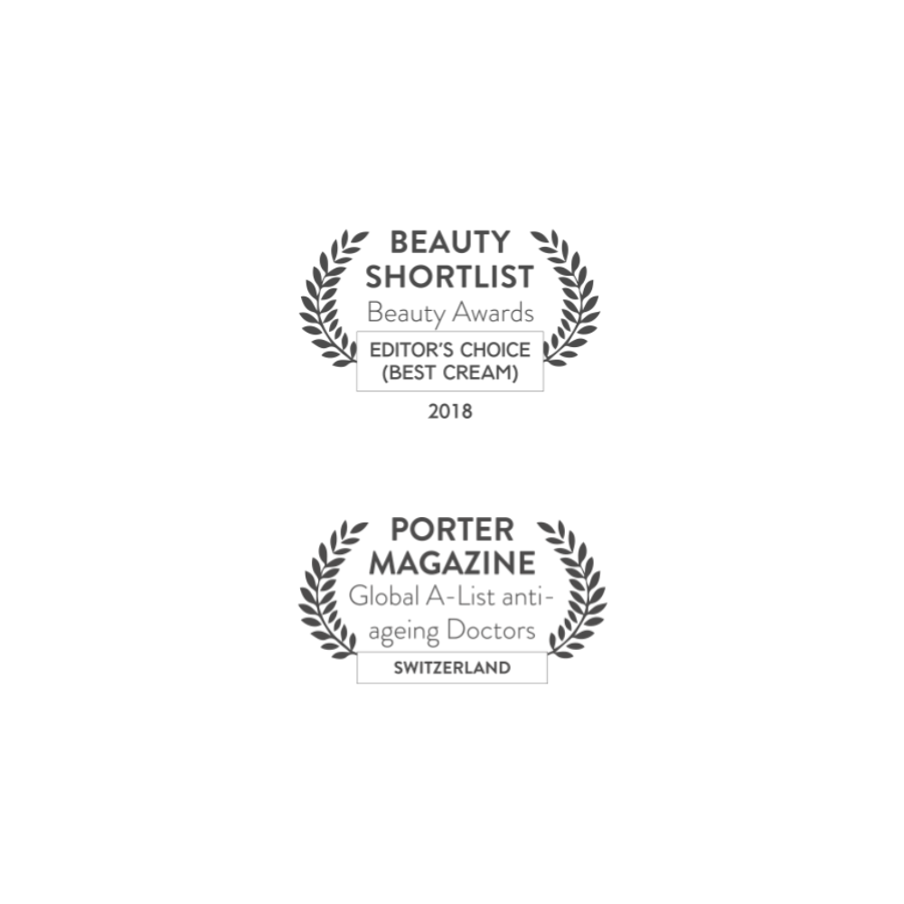 Two awards for beauty products on a white background