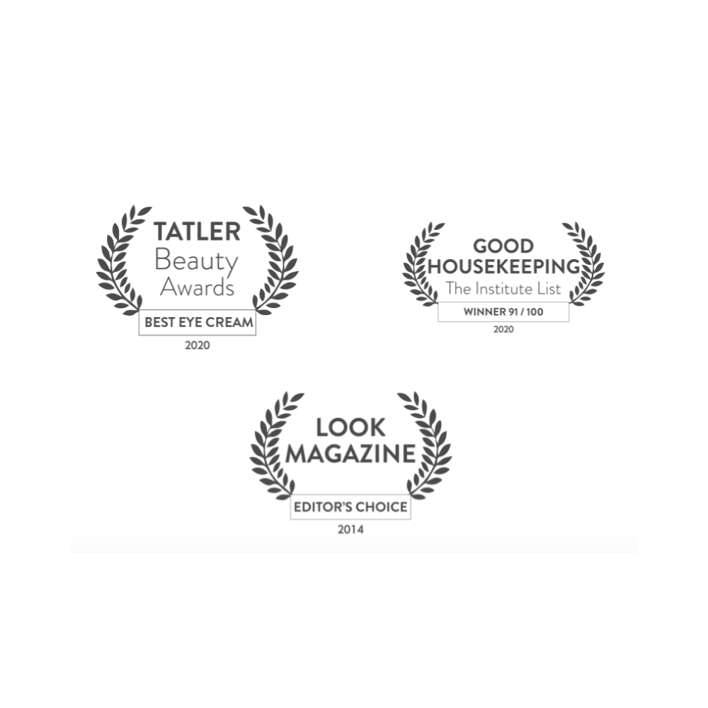 Three awards logos from Tatler Beauty Awards, Good Housekeeping, and Look Magazine on a white background.