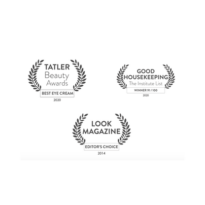 Three awards logos from Tatler Beauty Awards, Good Housekeeping, and Look Magazine on a white background.