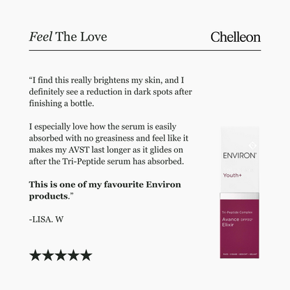 Product review with Environ serum bottle on a white background