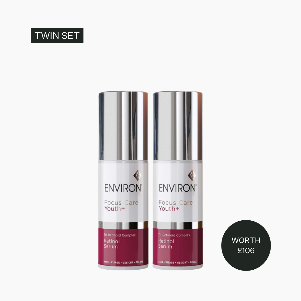 Two Environ skincare serum bottles on a white background with text indicating 'Twin Set' and 'Worth £106'.