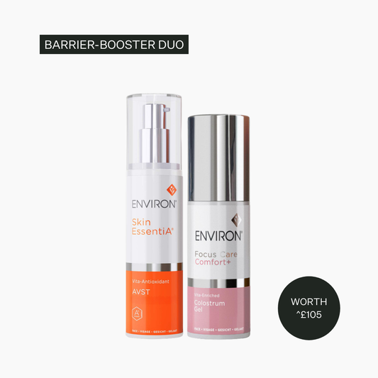 Two skincare bottles labeled 'Skin Essentia' and 'Focus Care Comfort' by Environ on a white background.