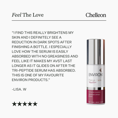 Environ skincare serum bottle with customer review text on a white background