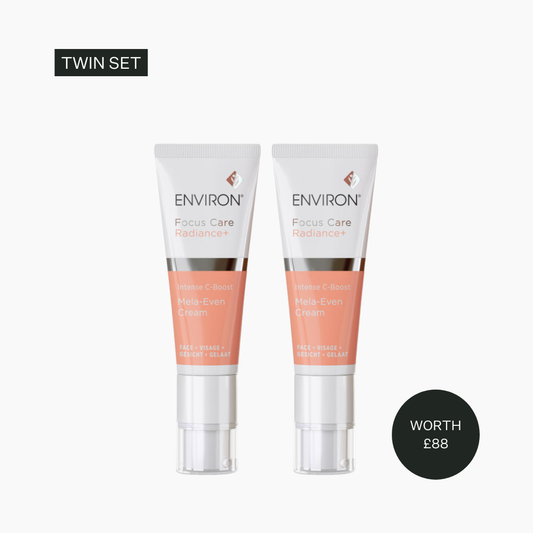 Two Environ skincare tubes on a white background with text indicating 'Twin Set' and 'Worth £88'.