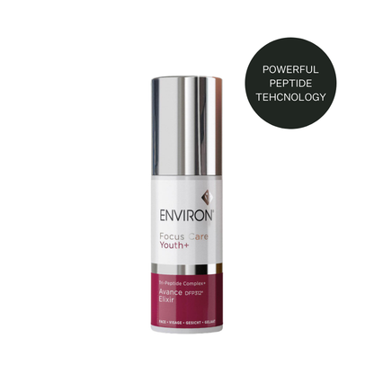 A bottle of Environ Focus Care Youth+ Tri-Peptide Complex+ Avance Elixir with a label stating 'powerful peptide technology'.