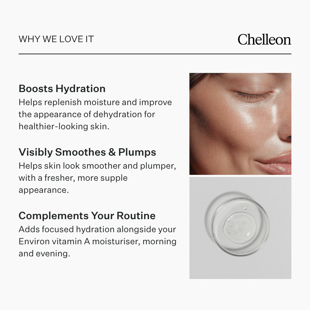 Promotional graphic for Chelleon skincare text on a white background, with a close-up of a woman's face showing hydrated skin and a small clear cosmetic jar.