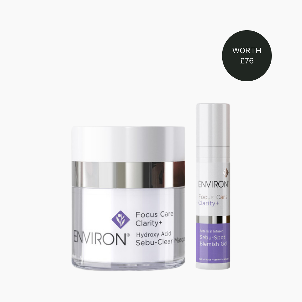 ENVIRON Focus Care Clarity+ skincare set featuring a Hydroxy Acid Sebu-Clear Master jar and a Sebu-Spot Blemish Gel tube, shown on a light gray background with a black circular price badge reading 'WORTH £76'.