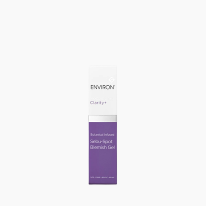 A tall, narrow white and purple box of Environ Clarity+ Sebu-Spot Blemish Gel, centered on a plain white background.