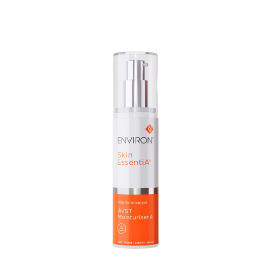 Environ Skin EssentiA AVST 4 50ml bottle with a white and orange label, featuring a pump dispenser. This moisturiser is part of the AVST Step-Up System and contains a high concentration of Vitamin A, along with Vitamins C and E, and powerful antioxidants. It supports the normalisation and repair of skin, stimulates collagen and elastin production, and provides protection against environmental stressors. Suitable for those acclimated to AVST 3.