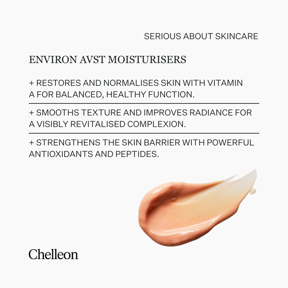 Moisturiser swatch with text about skincare benefits on a white background