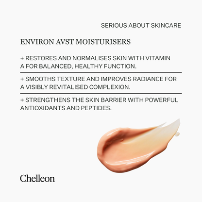Moisturiser swatch with text about skincare benefits on a white background