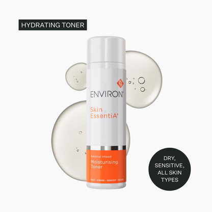 Environ Skin EssentiA hydrating toner bottle with toner application on a white background