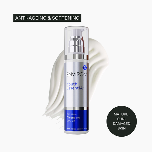 Environ Youth EssentiA Hydra-Intense Cleansing Lotion bottle over a cream swatch, with anti-ageing and mature-skin text