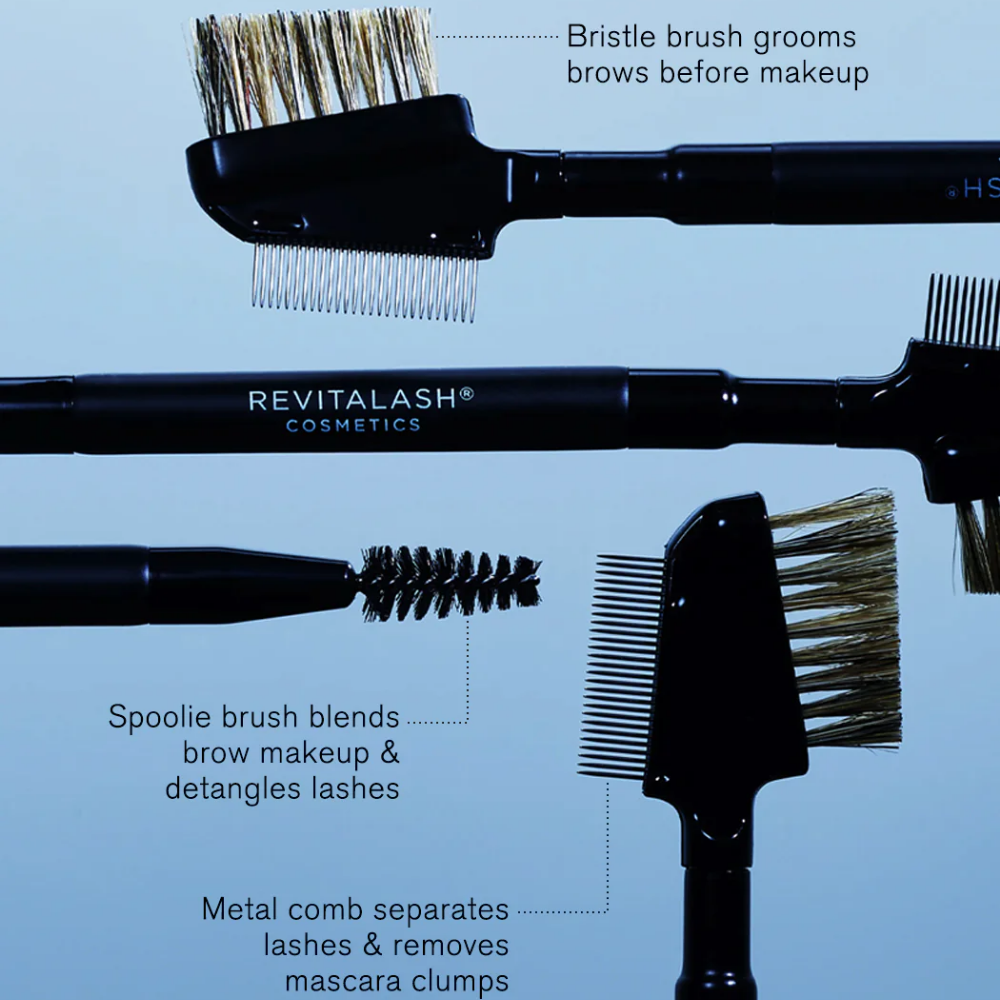 Black Revitalash Cosmetics brow grooming tool set with multiple attachments shown on a light blue background, including a bristle brush, spoolie brush, and metal comb, with explanatory text callouts.