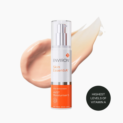 Environ Skin EssentiA AVST Moisturiser 5 pump bottle featuring a thick peach skincare texture swatch in the background and a "Highest levels of Vitamin A" badge