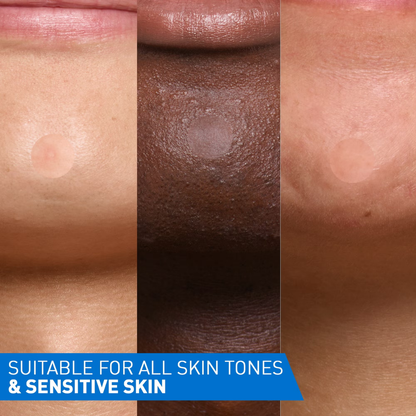 Nearly invisible CeraVe Blemish Barrier Patch worn on a blemish on the chin of 3 different people