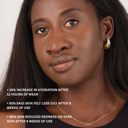 Woman with text overlay about skincare product benefits