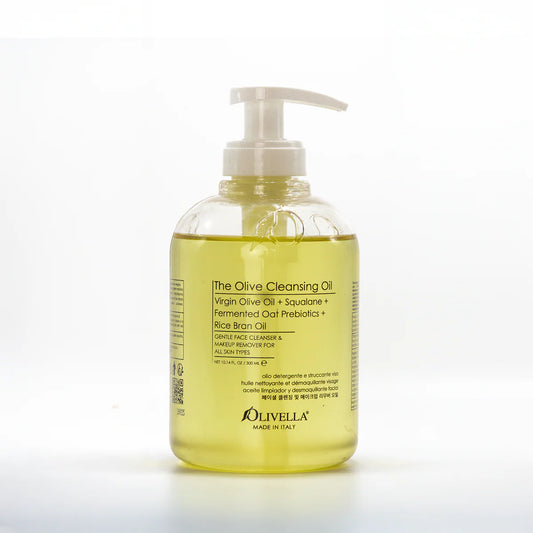 Olivella olive cleansing oil 300ml bottle with pump on a white background 