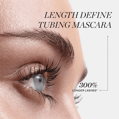 Close-up of a woman's eye wearing mascara, with text reading 'LENGTH DEFINE TUBING MASCARA' and '300% LONGER LASHES' on a light gray background.