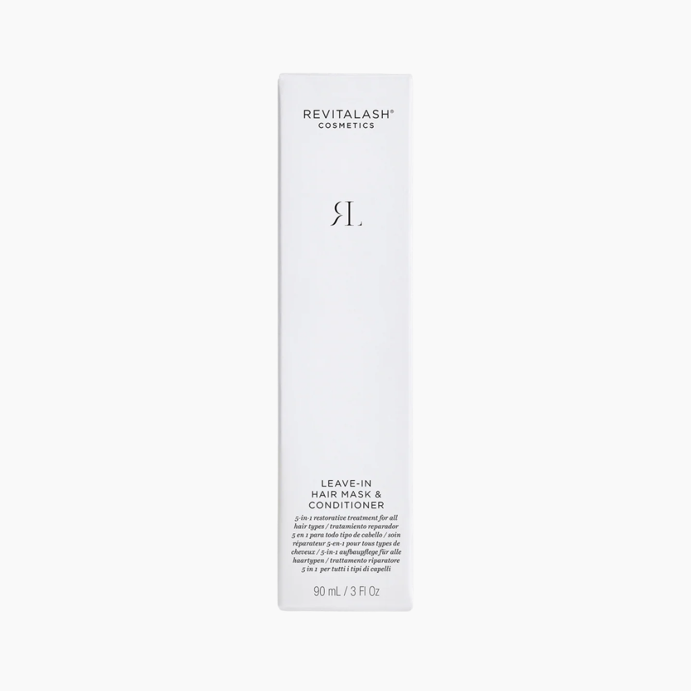 Revitalash Cosmetics RL Leave-In Hair Mask & Conditioner in a tall, minimalist white rectangular box, shown against a solid white background.