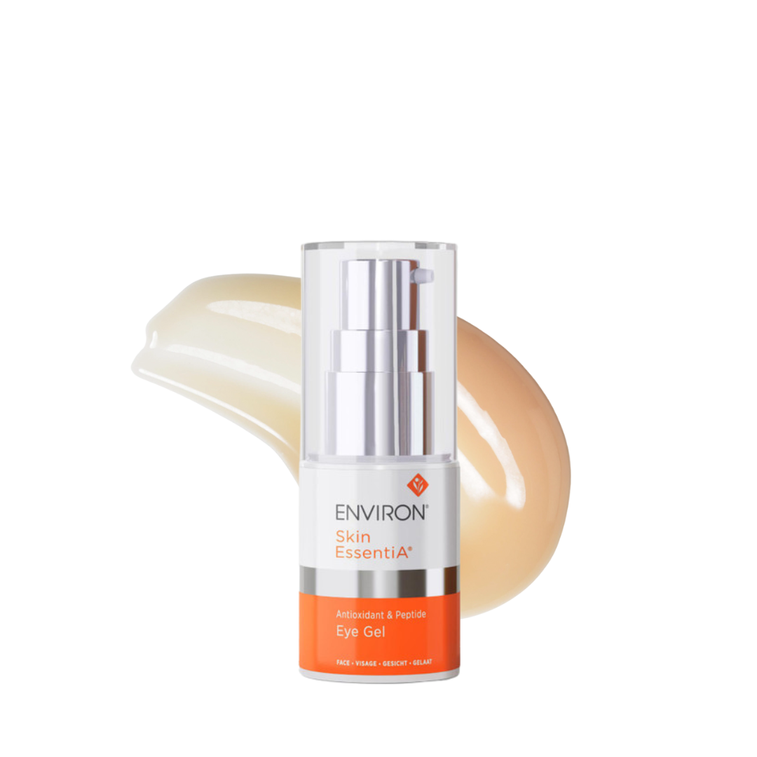 Environ Skin EssentiA Eye Gel 15ml bottle with a white and orange label, featuring a pump dispenser. This gentle, energising eye gel is formulated with peptides, vitamins, and antioxidants to soften the appearance of fine lines, tighten and plump the skin, and stimulate collagen production. Suitable for the delicate skin around the eyes and all skin types, including sensitive skin.