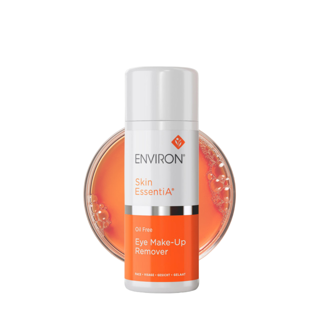 Environ Skin EssentiA Oil-Free Eye Make-up Remover 100ml bottle with a blue and white label, featuring a sleek design. This gentle, oil-free formula effectively removes eye makeup without drying the skin, leaving the eye area clean, refreshed, and moisturised. Suitable for use with contact lenses and lash extensions.