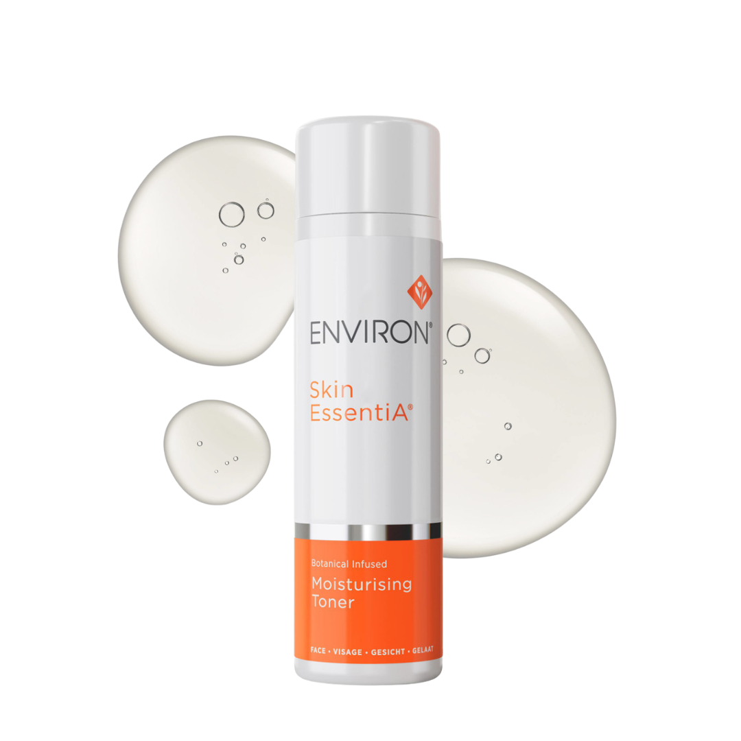 A white cylindrical bottle of Environ Skin EssentiA AVST Botanical Infused Moisturising Toner with a green and white label, containing 200ml. Formulated with botanical extracts, lactic acid, and niacinamide, it moisturises, mildly exfoliates, and improves uneven skin tone. Suitable for all skin types, it hydrates, smooths, and refines the skin, enhancing other skincare products' effectiveness. The bottle features a screw-on cap.