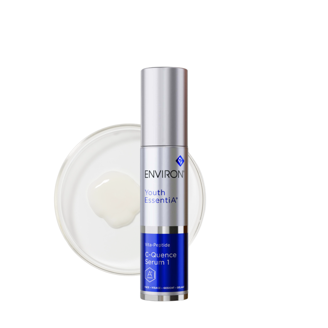 Environ Youth EssentiA C-Quence Serum 1 in a sleek blue and white 35ml bottle. The packaging prominently displays the Environ logo and product name. This premium serum combines high levels of vitamins A, C, and E with antioxidants and peptides to combat ageing signs, improve skin tone, and enhance firmness. Ideal for mature, photo-damaged skin, it supports collagen production and reduces wrinkles. The bottle includes a convenient pump dispenser for precise application.