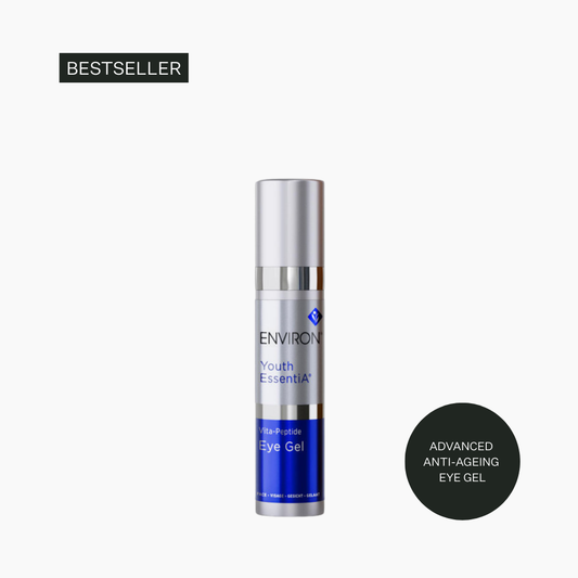 Skincare bottle labeled 'Youth Essentia' with 'Advanced Anti-Ageing Eye Gel' on a white background.