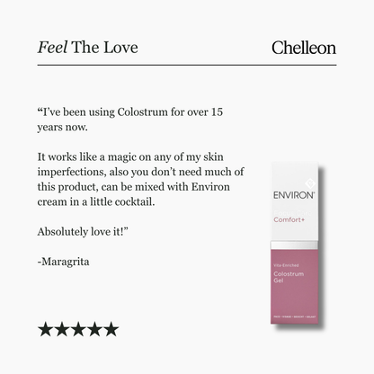 Product packaging with text praising its effectiveness on skin imperfections and a five-star rating.