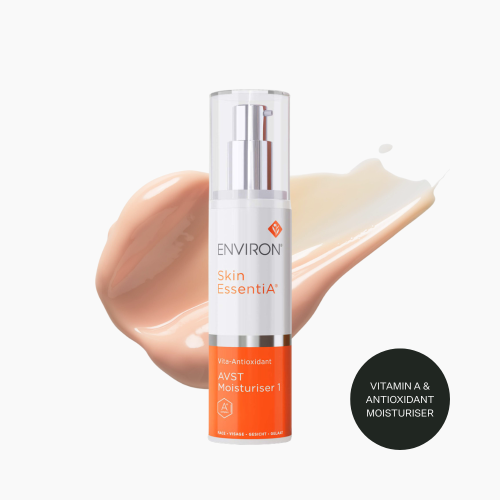 Environ skin essential moisturiser bottle with a swatch of cream on a white background