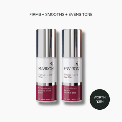 Two skincare bottles labeled 'Environ' on a white background with text indicating benefits and price.