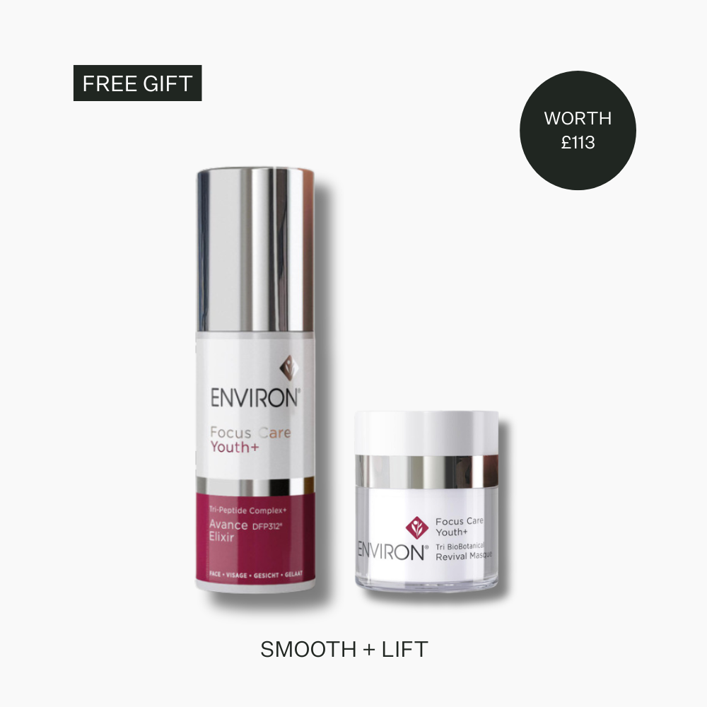 Two skincare products from Environ on a white background with text indicating a free gift worth £103.