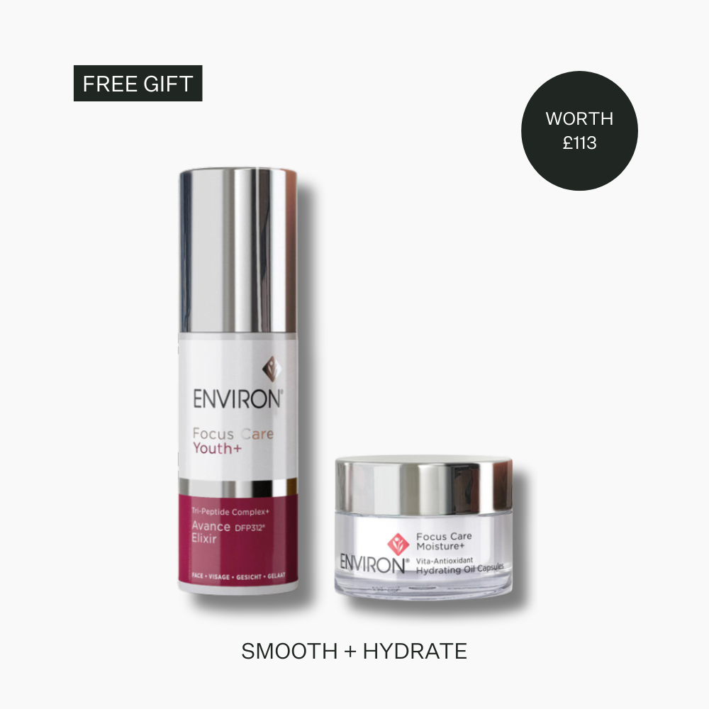 Two skincare products from Environ on a white background with text indicating a free gift worth £113.