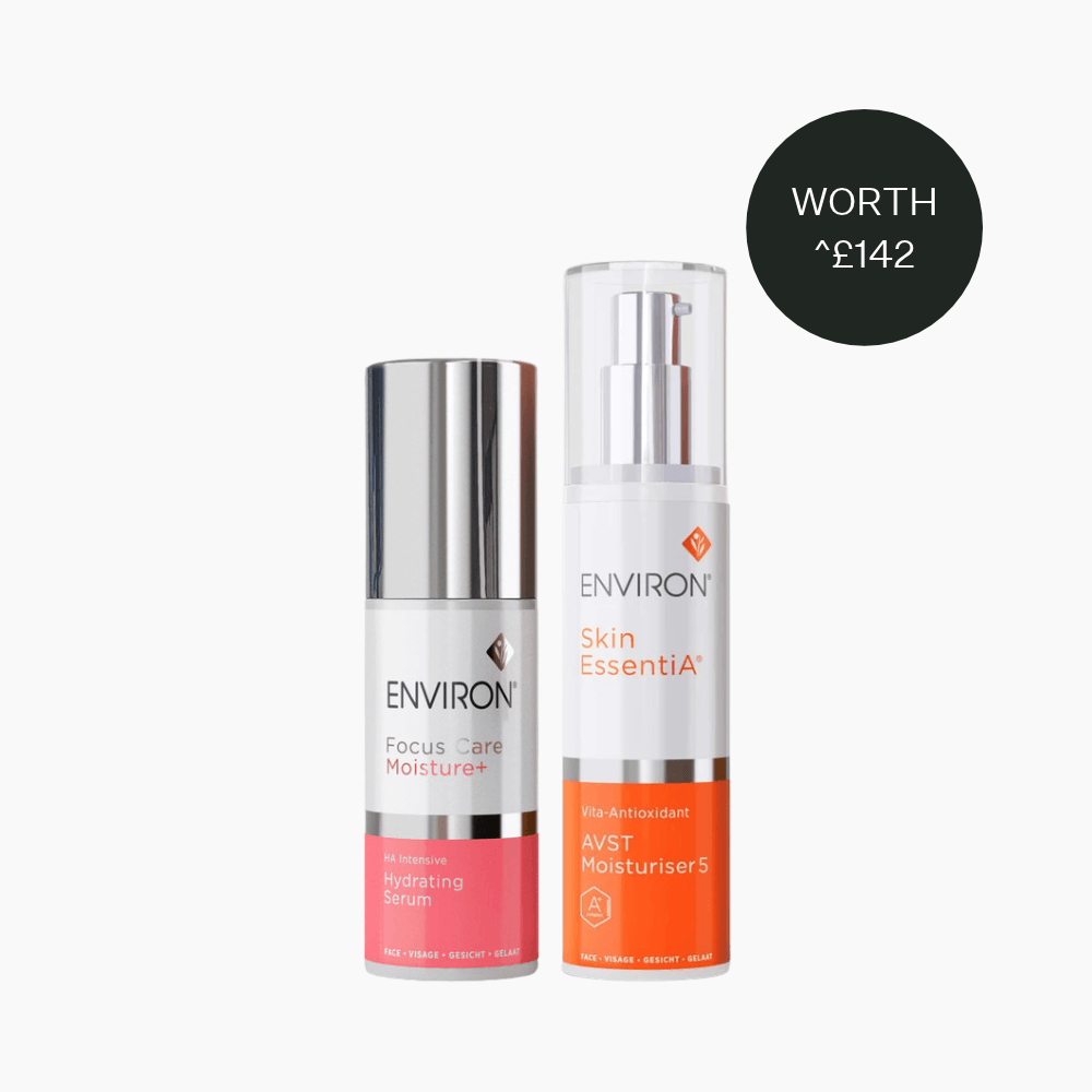Environ Skin EssentiA AVST Moisturiser beside Focus Care Moisture+ HA Intensive Hydrating Serum.