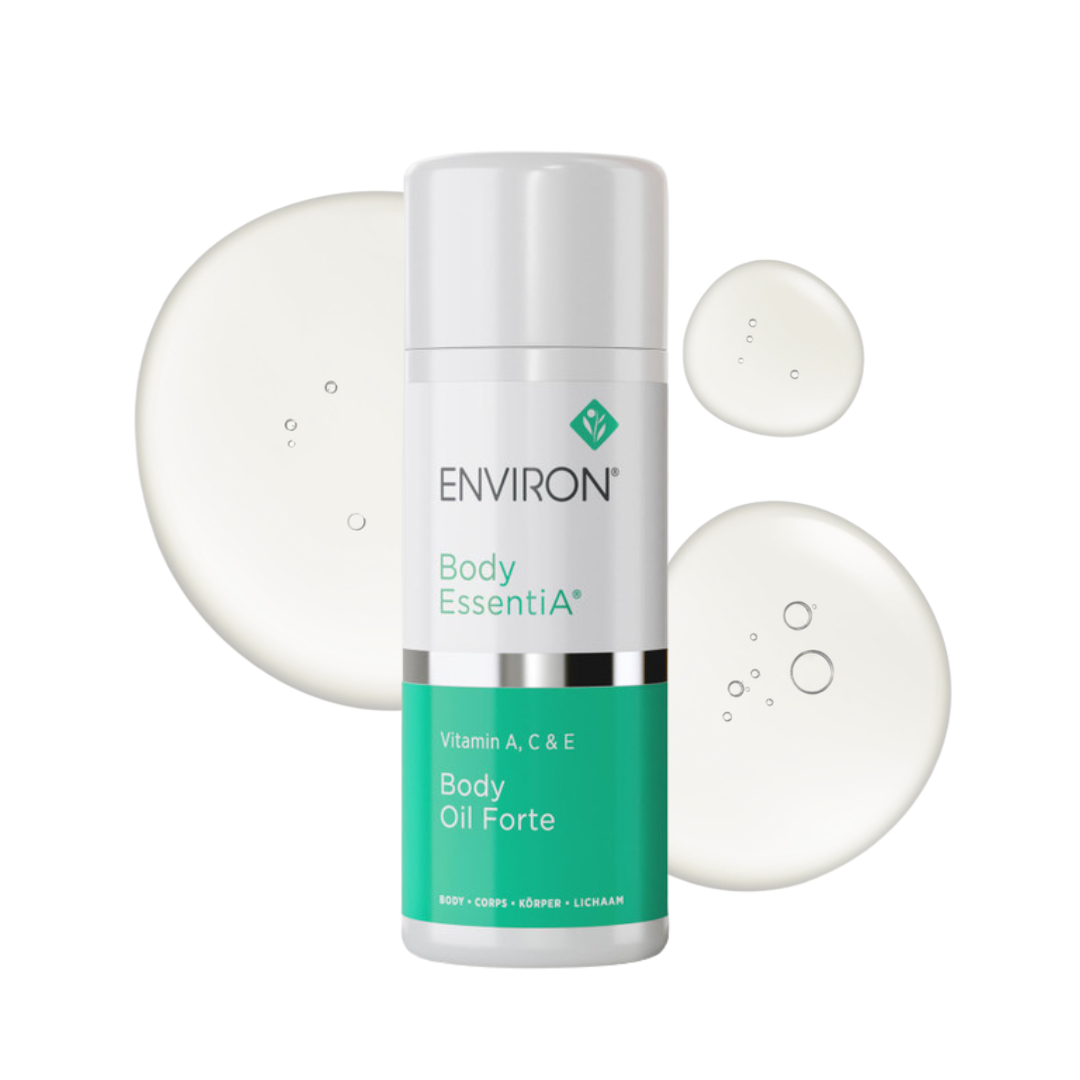 A white bottle of Environ Enhanced A, C & E Oil with a green and white label. The bottle is cylindrical and contains 100ml of ultra-fine conditioning oil. This product is formulated with a high concentration of vitamins A, C, and E, as well as antioxidants, to rehydrate and nourish dry, sun-damaged skin. The oil helps improve skin texture, tone, and the appearance of fine lines, promoting a healthier, more youthful look. The bottle features a pump dispenser for easy application.